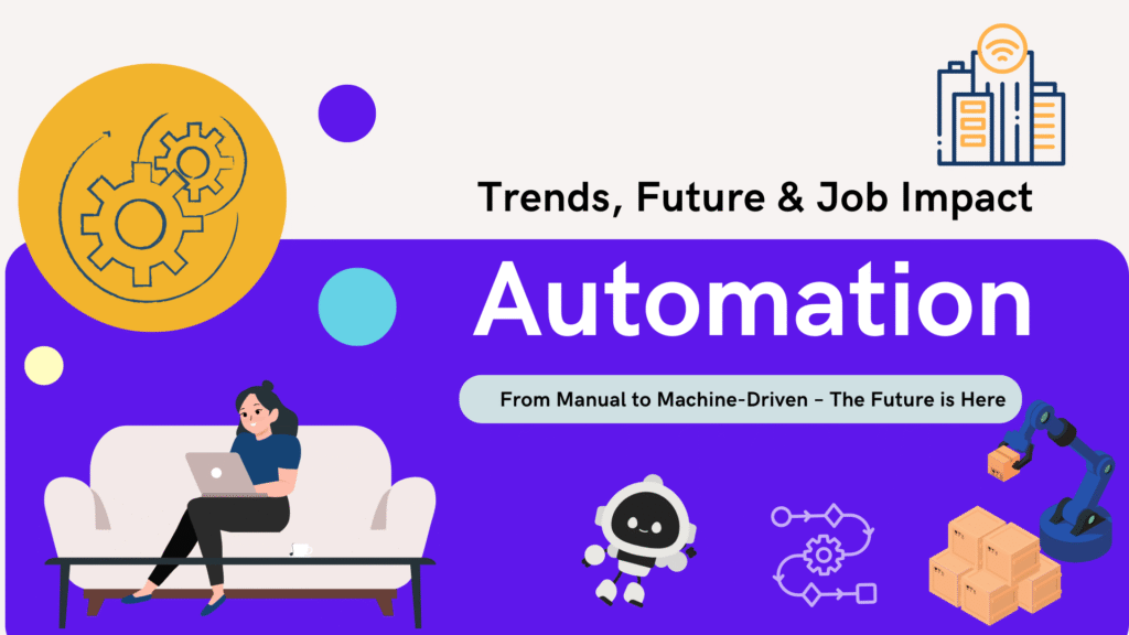 Automation technology with robots, AI, and digital workforce transforming industries and future jobs
