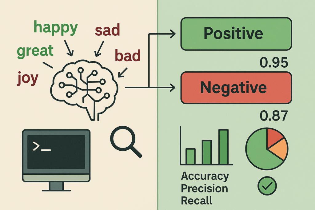 visual representation of sentiment analysis using large language models, featuring keywords related to positive and negative sentiments connected to a neural network icon, with arrows pointing to sentiment labels ("Positive" or "Negative") and confidence scores.