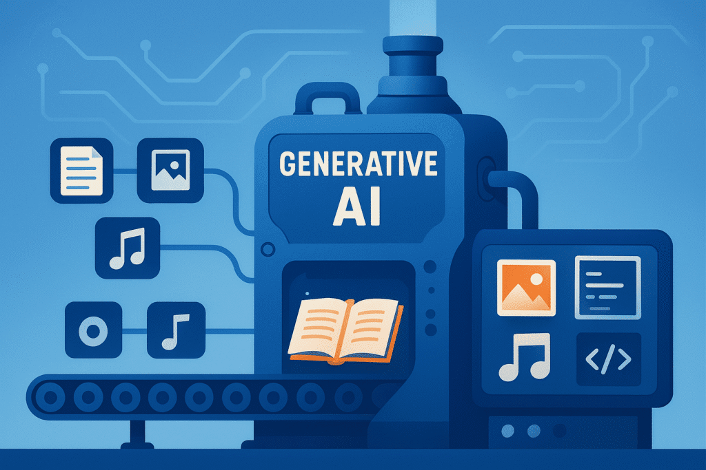 Illustration showing the mechanism of Generative AI and Agentic AI with data input, neural networks, human feedback, and creative outputs.