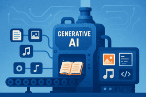 Illustration showing the mechanism of Generative AI and Agentic AI with data input, neural networks, human feedback, and creative outputs.