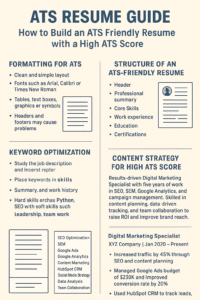 Infographic guide on building an ATS-friendly resume with formatting, structure, keyword optimization, and content strategy tips.