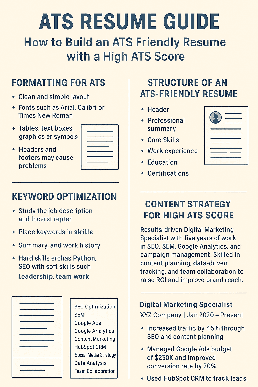 Infographic guide on building an ATS-friendly resume with formatting, structure, keyword optimization, and content strategy tips.