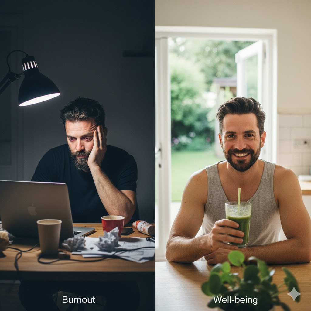 Employee feeling happy and motivated at workplace due to balanced physical and mental well-being.