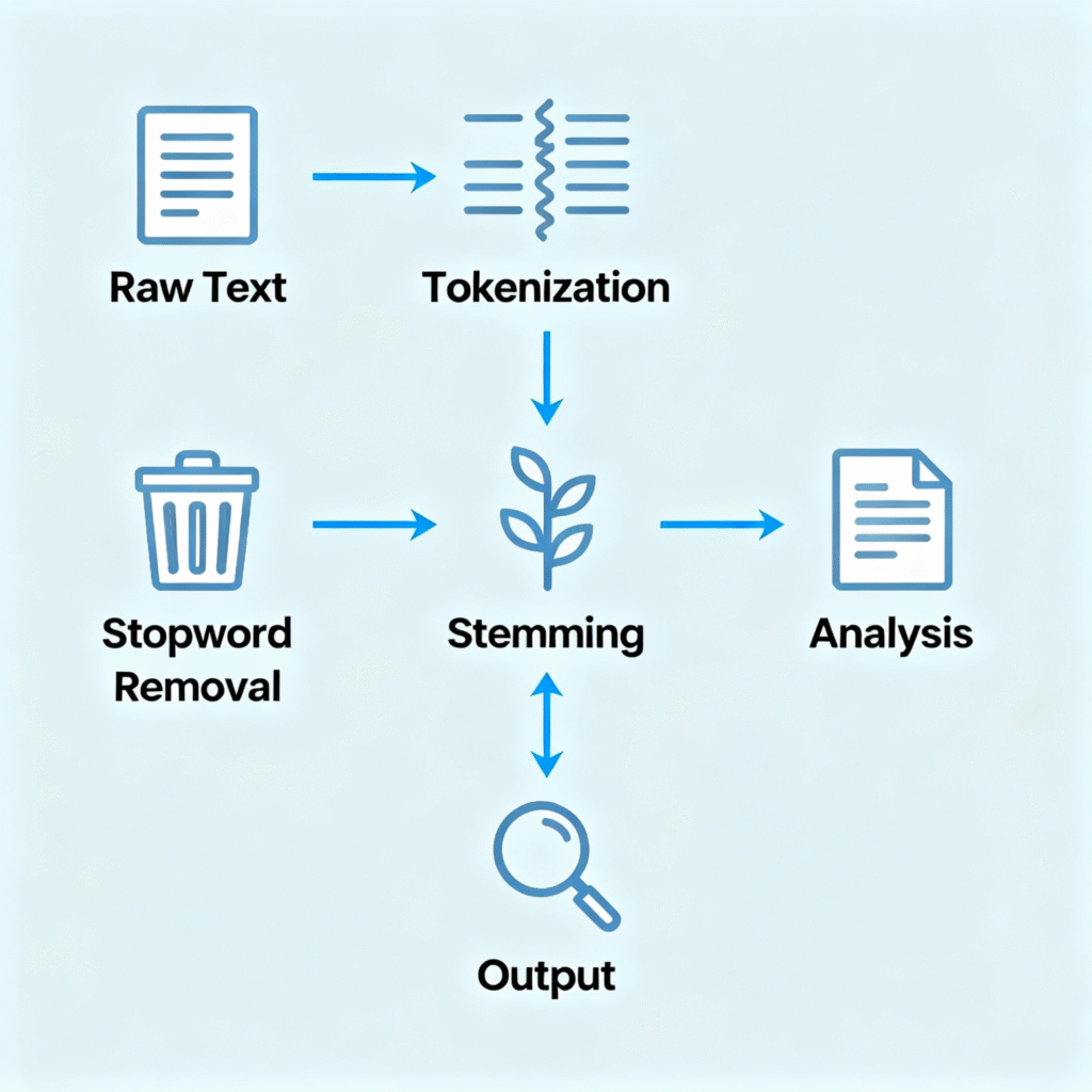 “NLTK Workflow” — Text → Tokenization → Stopword Removal → Stemming → Analysis → Output.