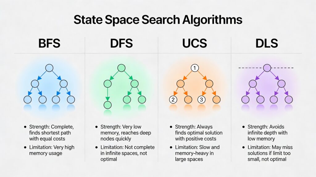 Comparison of uninformed search algorithms showing BFS, DFS, UCS, and Depth-Limited Search with their search strategies, advantages, and limitations.