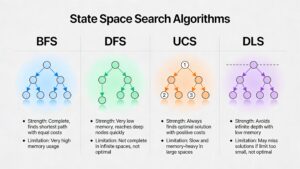 Comparison of uninformed search algorithms showing BFS, DFS, UCS, and Depth-Limited Search with their search strategies, advantages, and limitations.