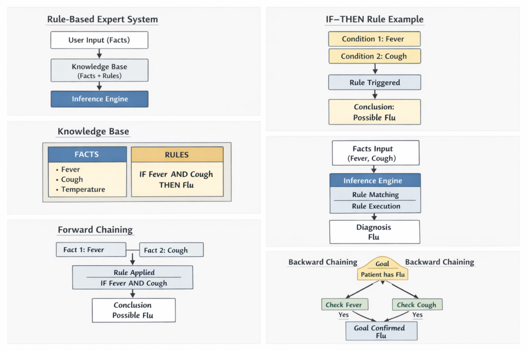 Diagram explaining rule-based expert system architecture including knowledge base, inference engine, production rules, forward chaining, and backward chaining reasoning process.