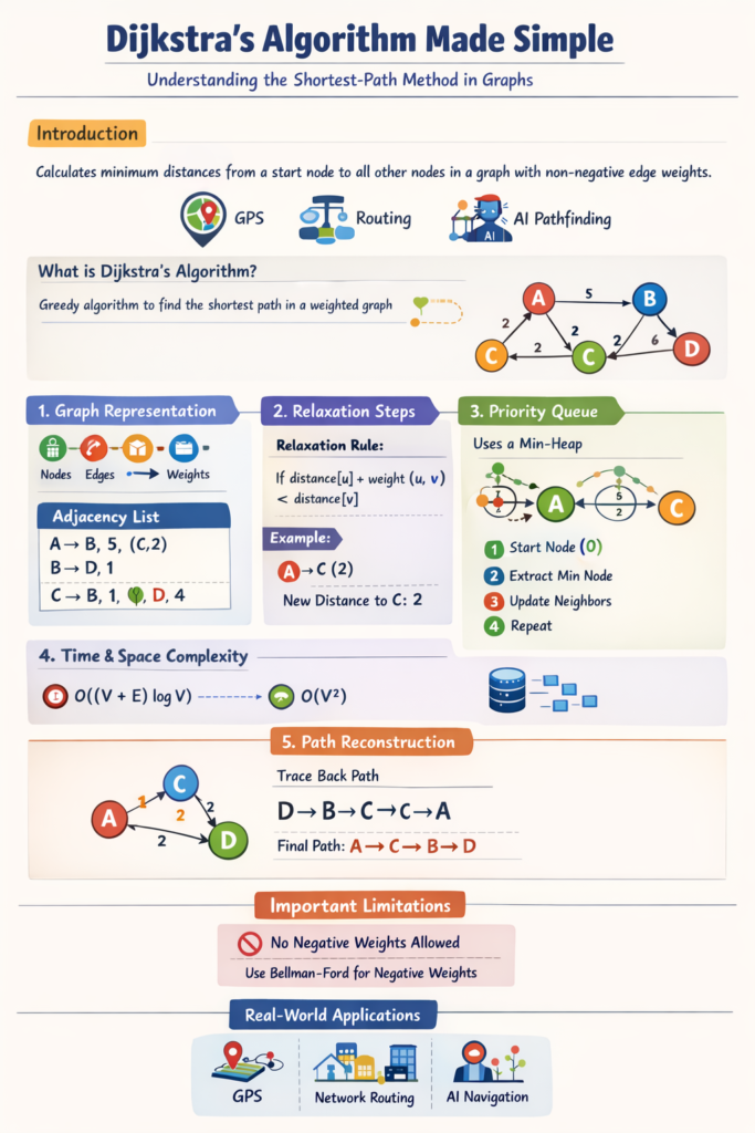 Diagram explaining Dijkstra’s Algorithm including graph nodes, weighted edges, relaxation process, and shortest path calculation.