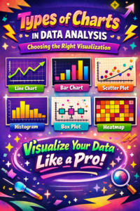 Types of charts in data analysis including line chart, bar chart, scatter plot, histogram, box plot, and heatmap used for data visualization.