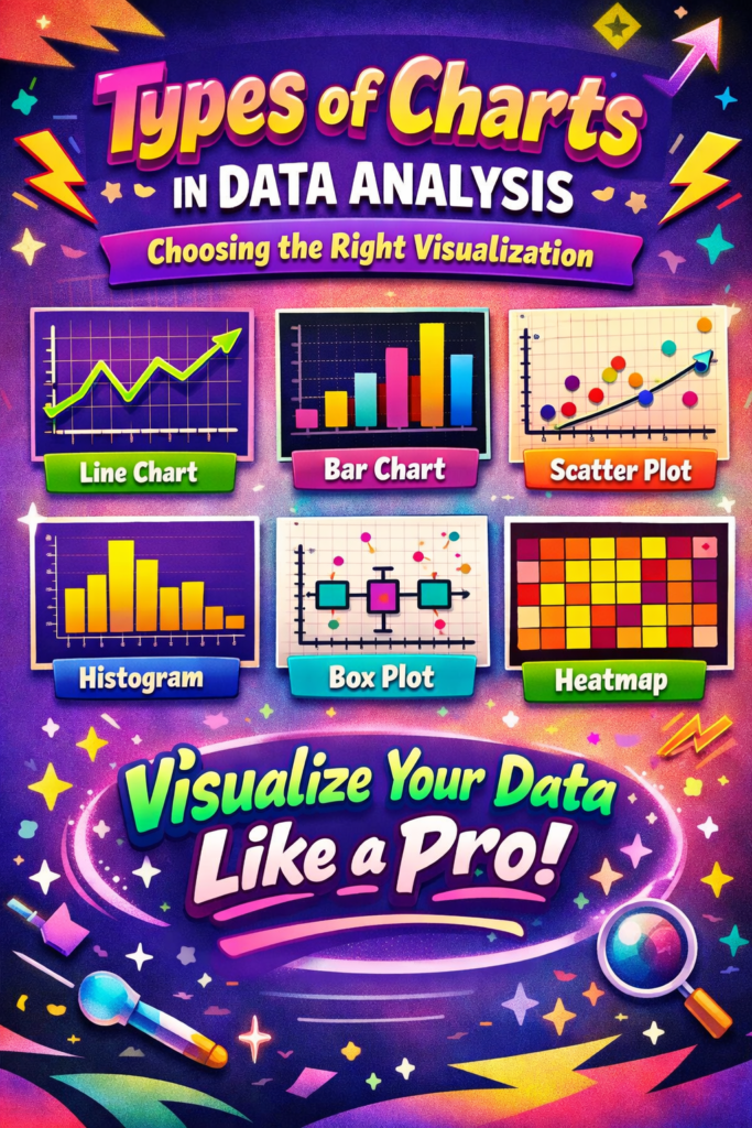 Types of charts in data analysis including line chart, bar chart, scatter plot, histogram, box plot, and heatmap used for data visualization.