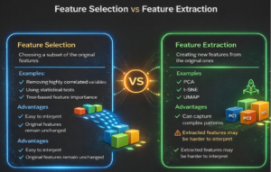 Dimensionality reduction techniques comparison showing PCA, t-SNE and UMAP for high dimensional data visualization